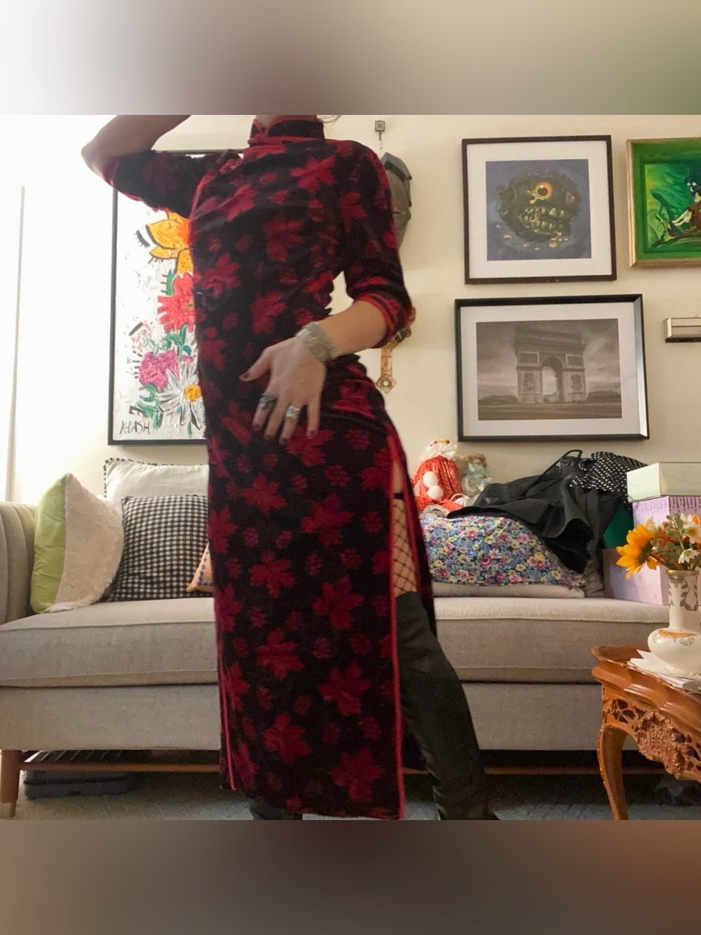 vintage deep burgundy floral velvet cheongsam / sz lg (fits like sm/med)